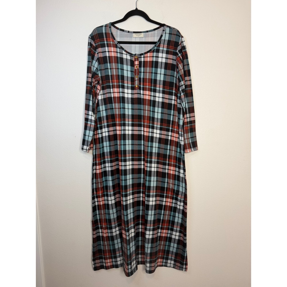 Dwell &‎ Slumber Plaid Caftan Dress Women's M/L Henley Maxi Loungewear Rust Teal